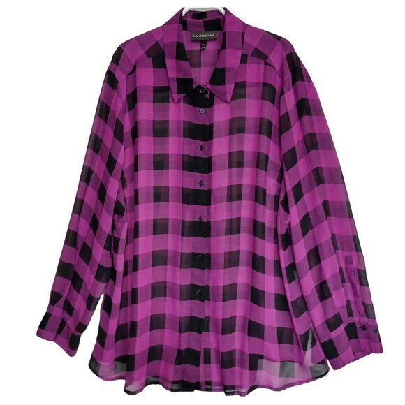 Lane Bryant Blouse Purple Black Buffalo Check Chiffon Semi Sheer Womens 22/24 - Picture 1 of 10
